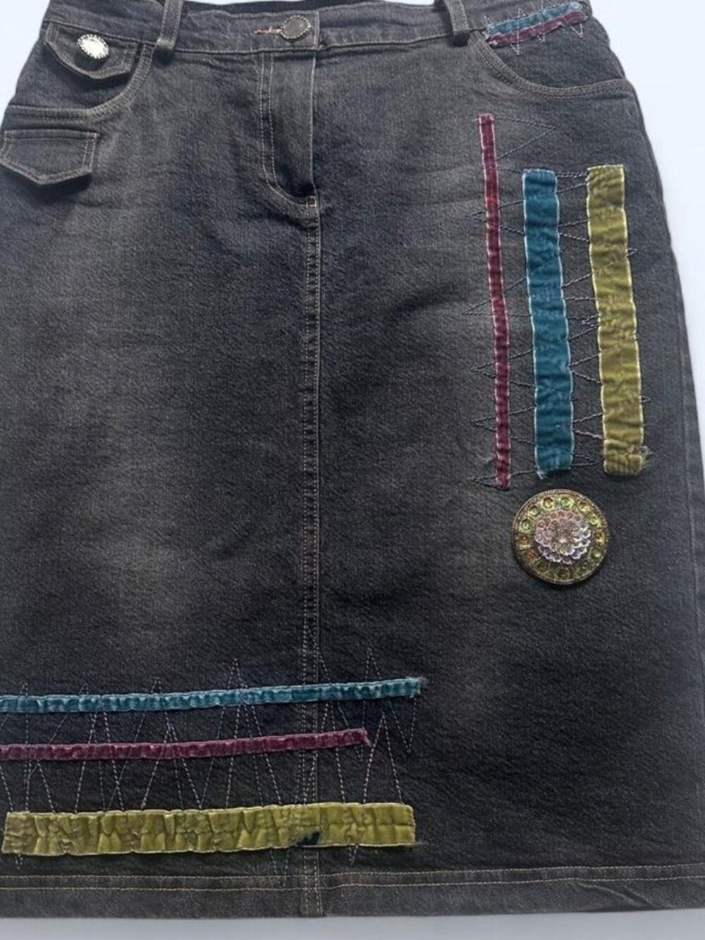 Ella Cavaletti Y2K Embellished Denim Midi Skirt Velvet w/ Brooch M